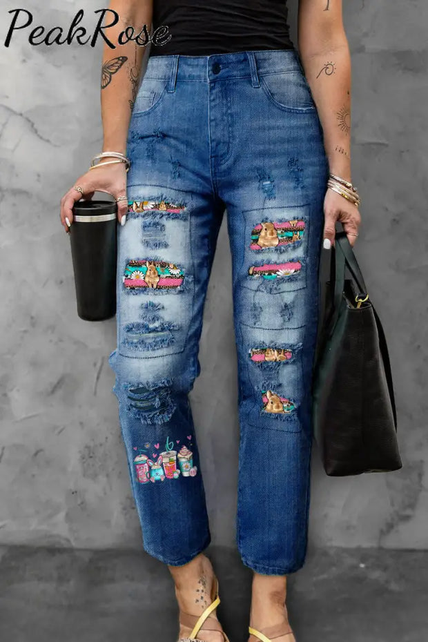 Easter Bunny Coffee Ice Cream Cups With Daisies Western Rhinestone Polka Dots Ripped Denim Jeans