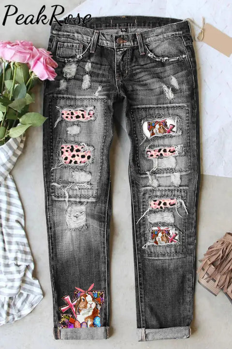 Easter Bunny Egg And Pink Leopard Ripped Denim Jeans