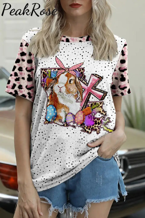 Easter Bunny Egg Pink Leopard Polka Round Neck T-Shirt T-Shirt