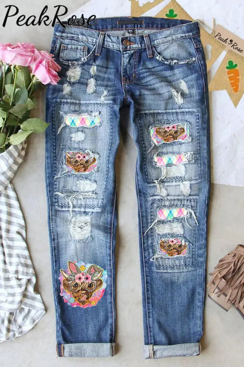 Easter Bunny Highland Cow With Glasses Farmers Cross Macarons Plaid Print Ripped Denim Jeans