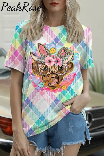 Easter Bunny Highland Cow With Glasses Farmers Cross Macarons Plaid Print Round Neck T-Shirt T-Shirt