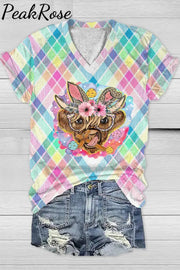 Easter Bunny Highland Cow With Glasses Farmers Cross Macarons Plaid Print V-Neck T-Shirt T-Shirt