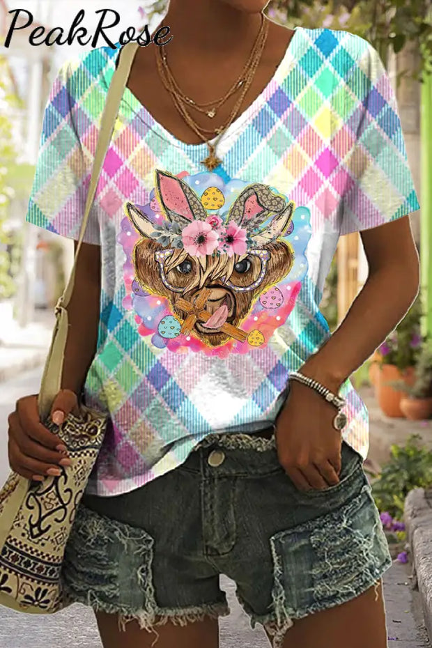 Easter Bunny Highland Cow With Glasses Farmers Cross Macarons Plaid Print V-Neck T-Shirt T-Shirt