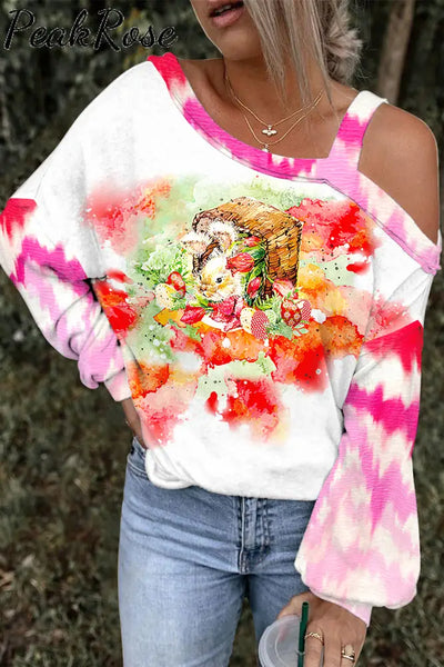 Easter Bunny Watercolor And Egg Printed Off-Shoulder Blouse Photo Color / S