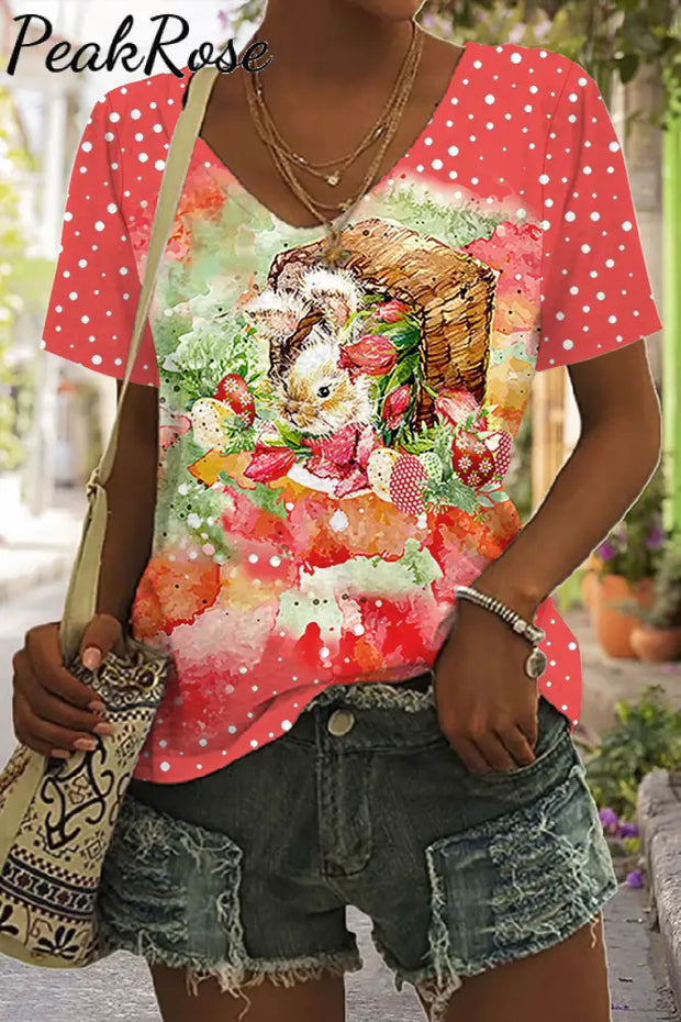 Easter Bunny Watercolor And Egg Printed V Neck T-Shirt T-Shirt