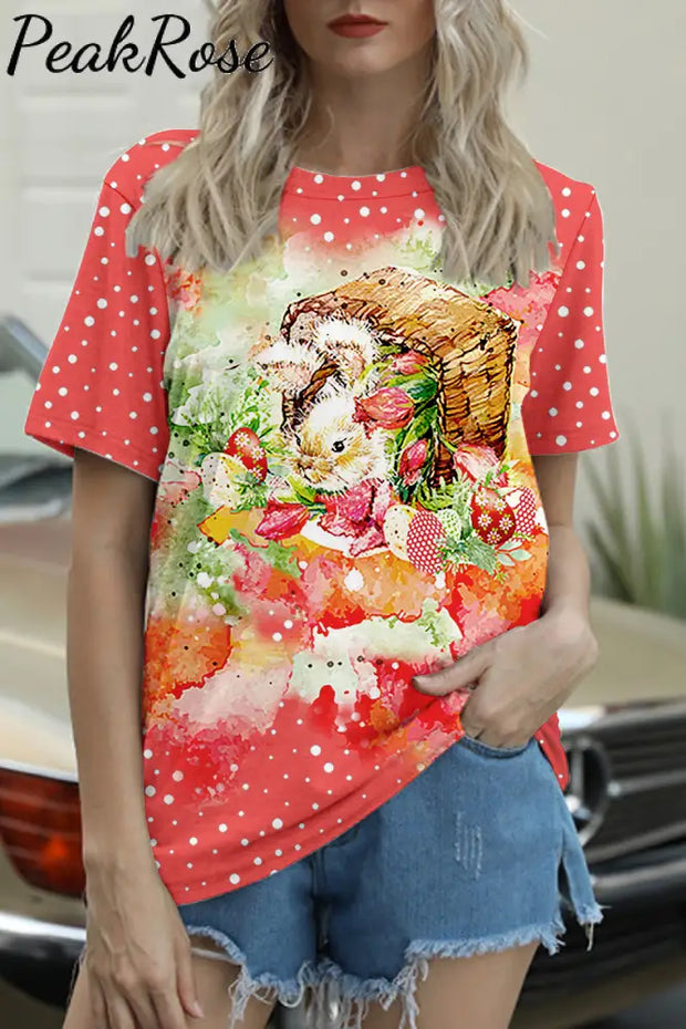 Easter Bunny Watercolor And Egg Round Neck T-Shirt S / Photo Color T-Shirt