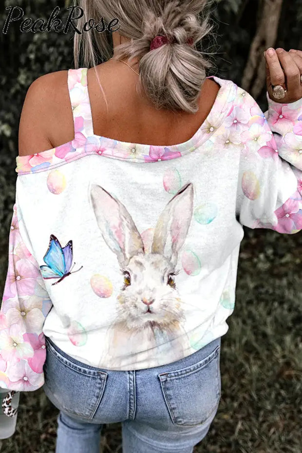 Easter Bunny Watercolor Pink Flower Egg Printed Off-Shoulder Blouse