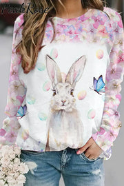 Easter Bunny Watercolor Pink Flower Egg Printed Sweatshirt