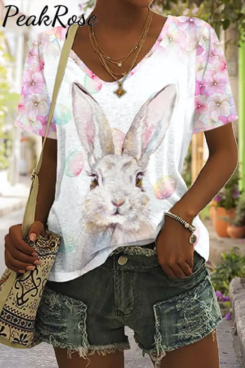 Easter Bunny Watercolor Pink Flower Egg Printed V Neck T-Shirt T-Shirt