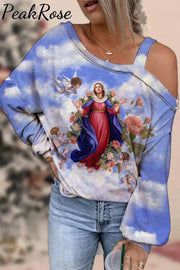 Easter Christianity Vintage Clouds Floral Angel Virgin Mary Off-Shoulder Blouse