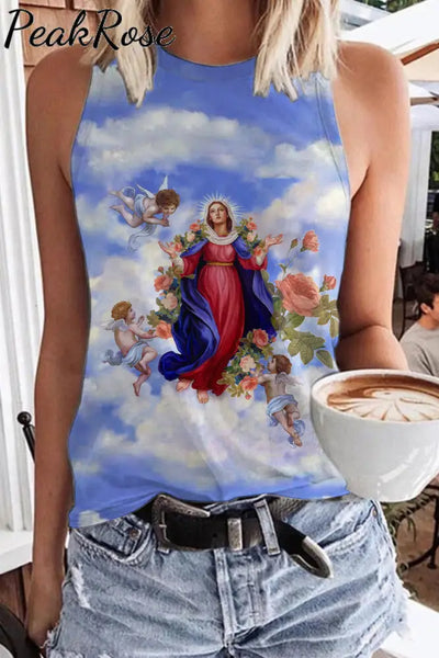 Easter Christianity Vintage Clouds Floral Angel Virgin Mary Tank Top S / Blue