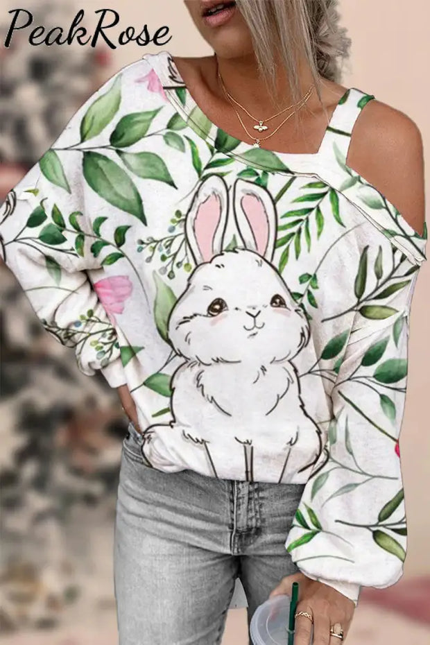 Easter Day Bunnies Floral Rabbits Off-Shoulder Blouse Multicolor / S