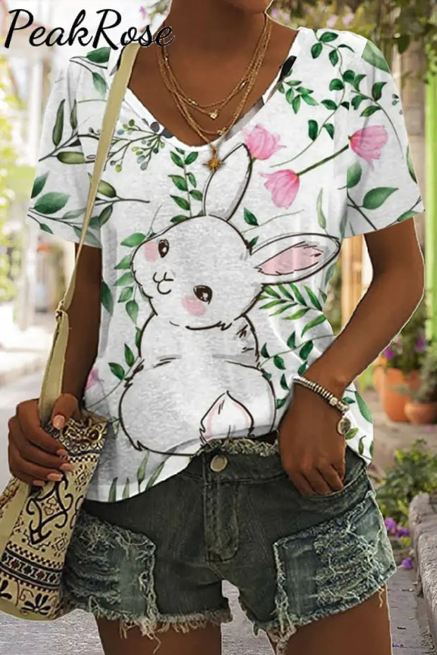 Easter Day Bunnies Floral Rabbits V Neck Short Sleeve T-Shirt