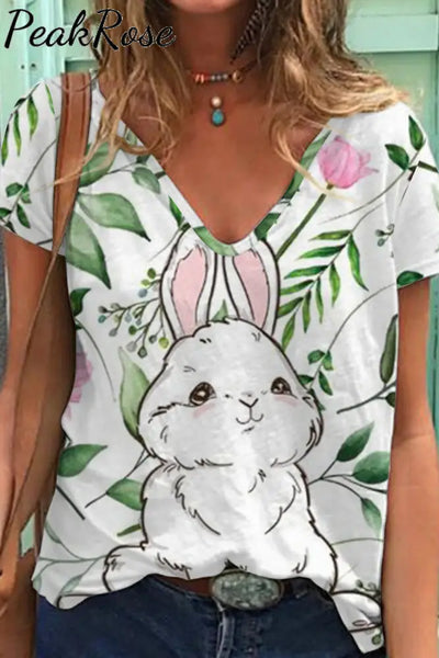 Easter Day Bunnies Floral Rabbits V Neck Short Sleeve T-Shirt S / Multicolor