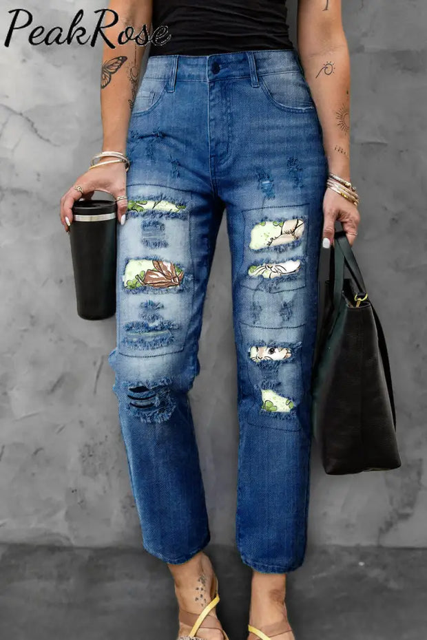 Easter Day Bunny Green Shamrock Ripped Denim Jeans