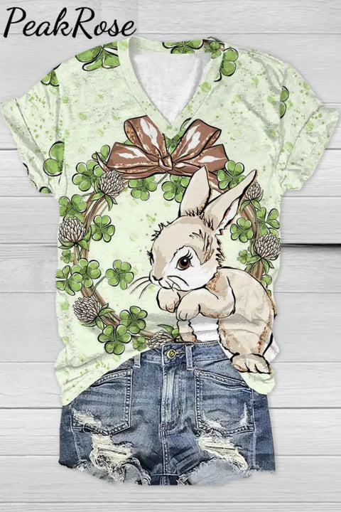 Easter Day Bunny Green Shamrock V Neck Short Sleeve T-Shirt