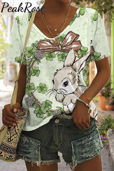 Easter Day Bunny Green Shamrock V Neck Short Sleeve T-Shirt S / Multicolor