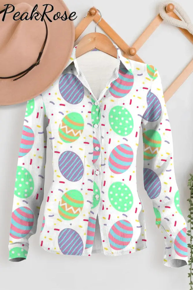 Easter Day Colorful Eggs Polka Long Sleeve Shirt Women