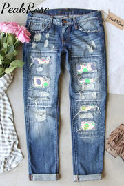 Easter Day Colorful Eggs Polka Ripped Denim Jeans S