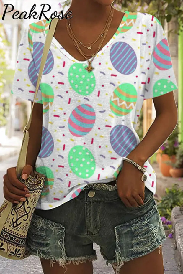 Easter Day Colorful Eggs Polka V Neck T-Shirt T-Shirt