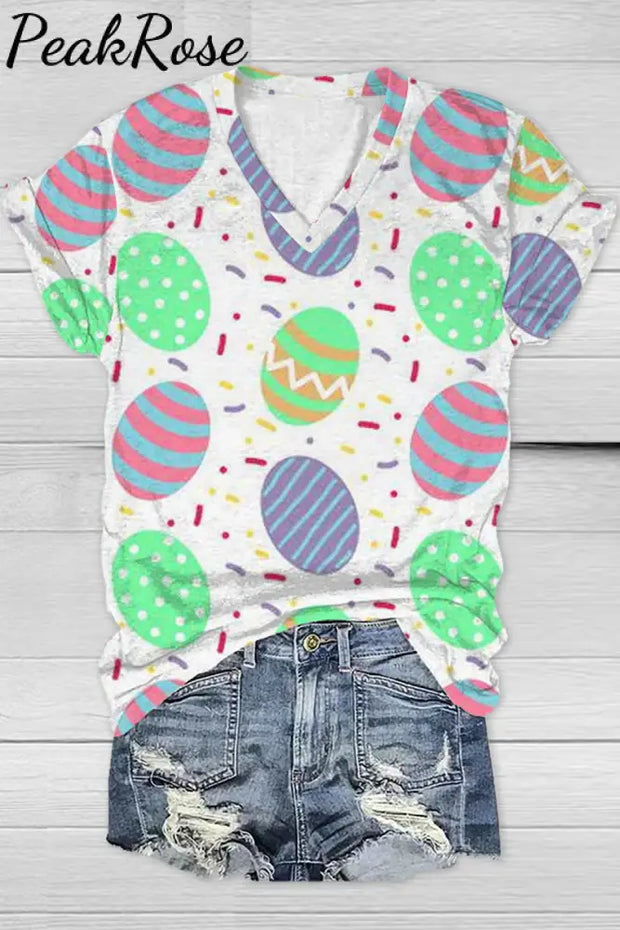 Easter Day Colorful Eggs Polka V Neck T-Shirt T-Shirt