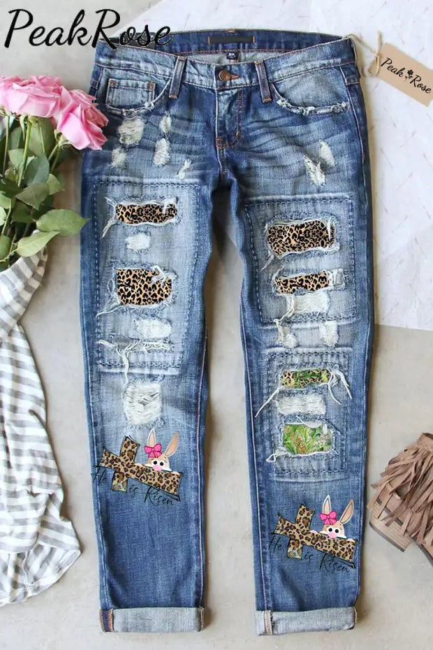 Easter Day He Is Risen Leopard Ripped Denim Jeans