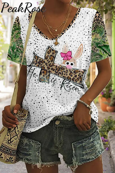 Easter Day He Is Risen Leopard V Neck T-Shirt S / T-Shirt