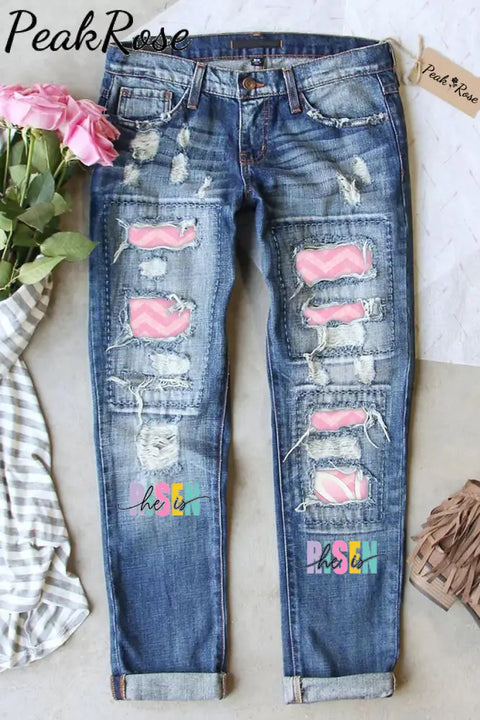 Easter Day He Is Risen Pink Stripe Bunnies Ripped Denim Jeans