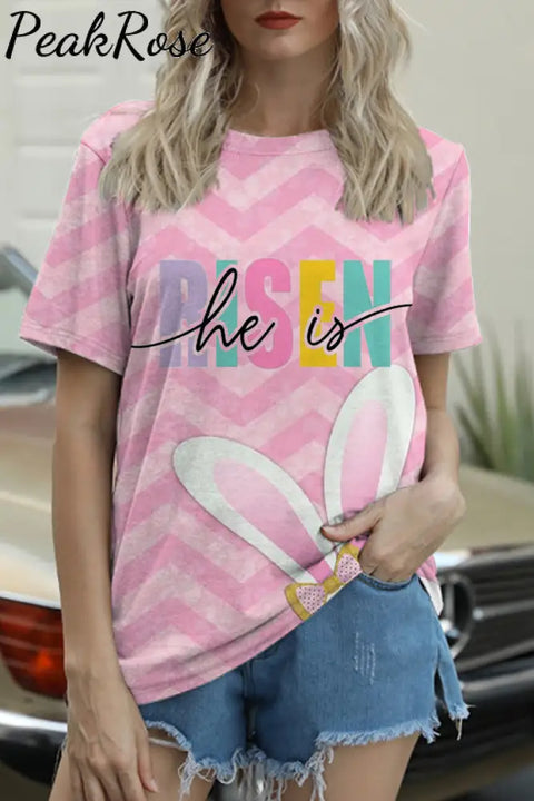 Easter Day He Is Risen Pink Stripe Bunnies Round Neck T-Shirt T-Shirt