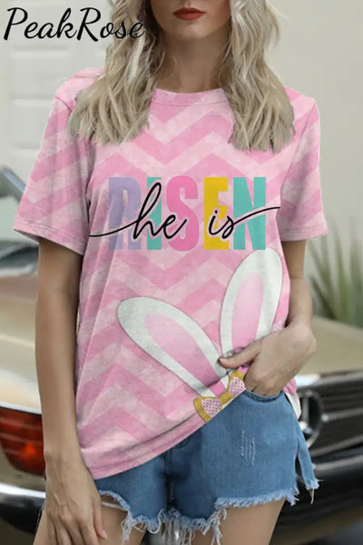 Easter Day He Is Risen Pink Stripe Bunnies Round Neck T-Shirt S / T-Shirt