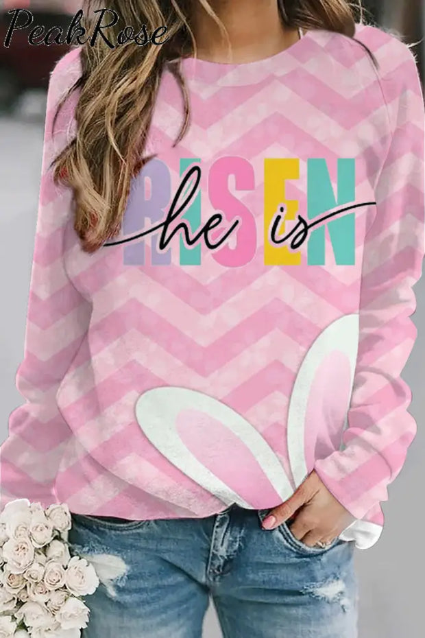 Easter Day He Is Risen Pink Stripe Bunnies Sweatshirt S /