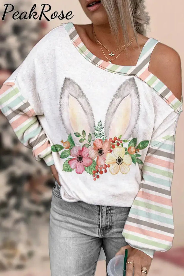 Easter Day Pink Floral Bunny Stripe Off-Shoulder Blouse