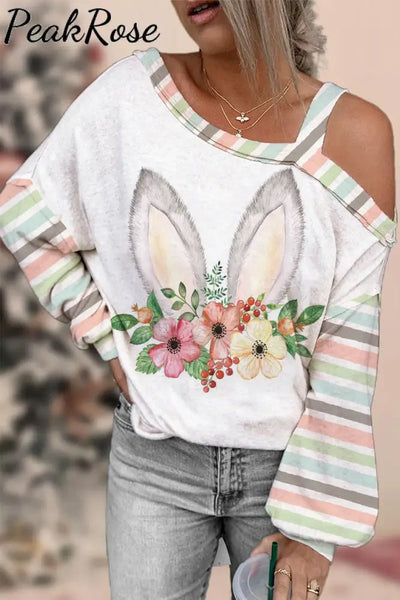 Easter Day Pink Floral Bunny Stripe Off-Shoulder Blouse Multicolor / S