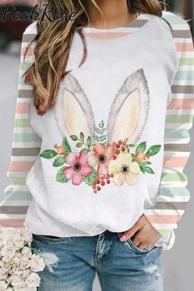 Easter Day Pink Floral Bunny Stripe Sweatshirt S / Multicolor