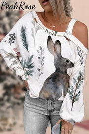 Easter Day Woodland Bunnies Floral Rabbits Off-Shoulder Blouse Multicolor / S