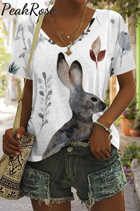 Easter Day Woodland Bunnies Floral Rabbits V Neck Short Sleeve T-Shirt