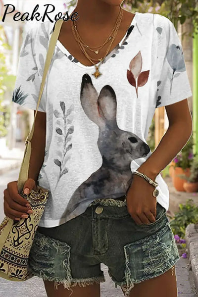 Easter Day Woodland Bunnies Floral Rabbits V Neck Short Sleeve T-Shirt S / Multicolor