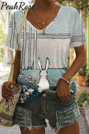 Easter Day Woodland Bunnies Paintings V Neck Short Sleeve T-Shirt