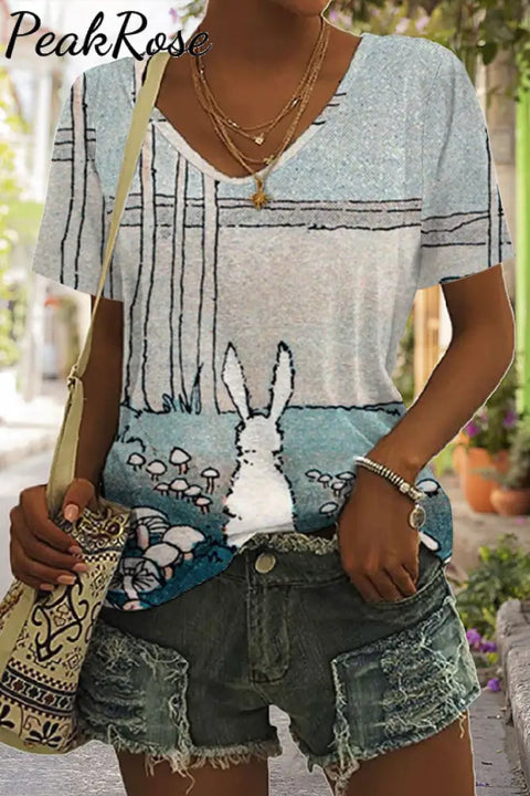 Easter Day Woodland Bunnies Paintings V Neck Short Sleeve T-Shirt