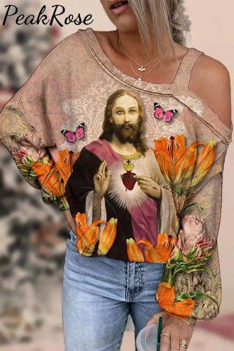 Easter Floral Butterfly Fun Jesus Off-Shoulder Blouse Brown / S