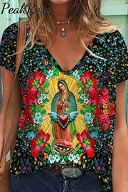 Easter Floral Strokes Virgin Mary V Neck Short Sleeve T-Shirt