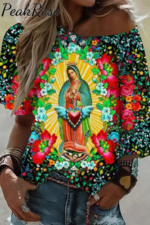 Easter Floral Strokes Virgin Mary Wide Neck Short Sleeve T-Shirt