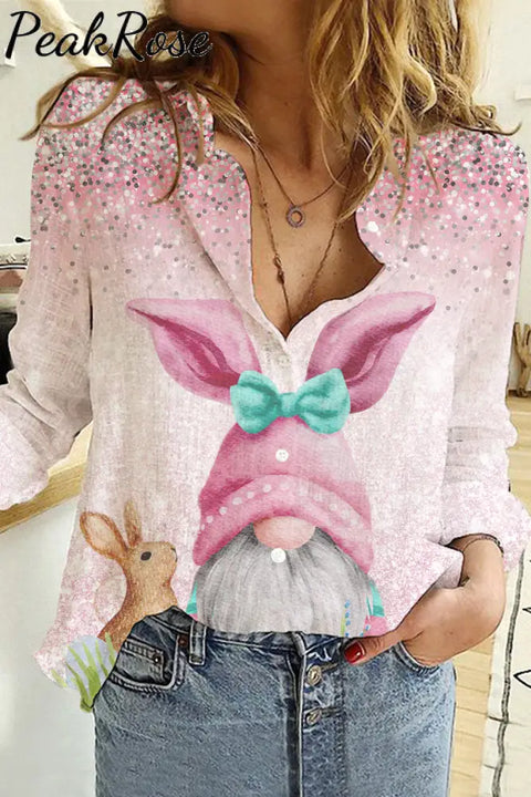 Easter Glitter Pink Rabbit Gnomes And Eggs Long Sleeve Shirt S / Photo Color Women