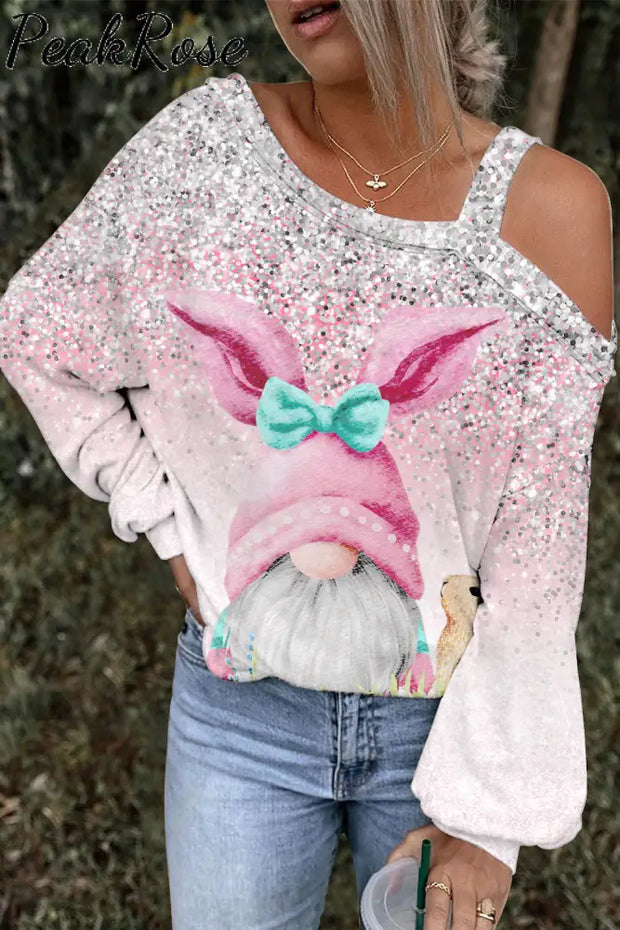 Easter Glitter Pink Rabbit Gnomes And Eggs Off-Shoulder Blouse Photo Color / S