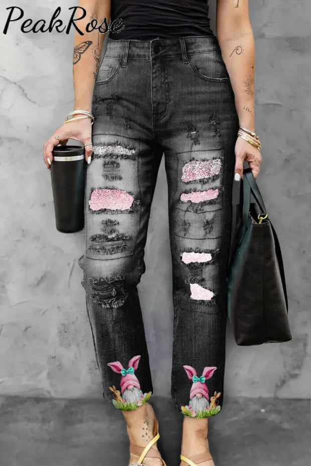 Easter Glitter Pink Rabbit Gnomes And Eggs Ripped Denim Jeans