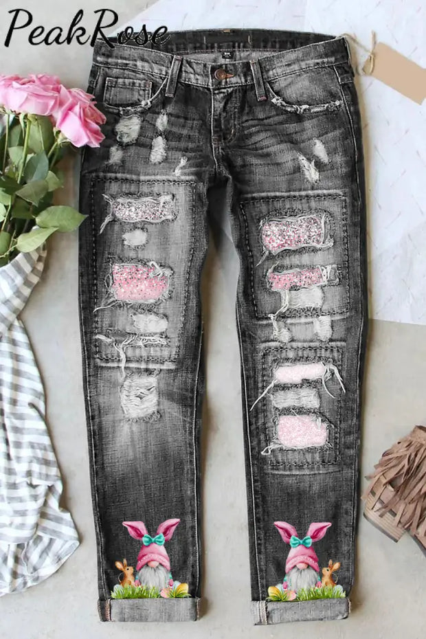 Easter Glitter Pink Rabbit Gnomes And Eggs Ripped Denim Jeans S