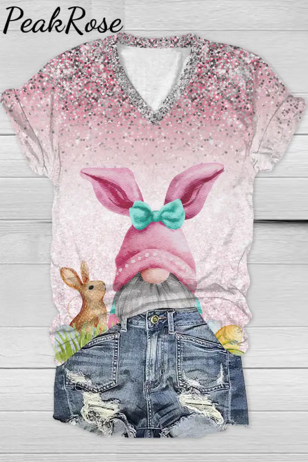 Easter Glitter Pink Rabbit Gnomes And Eggs V Neck T-Shirt T-Shirt