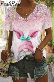 Easter Glitter Pink Rabbit Gnomes And Eggs V Neck T-Shirt T-Shirt