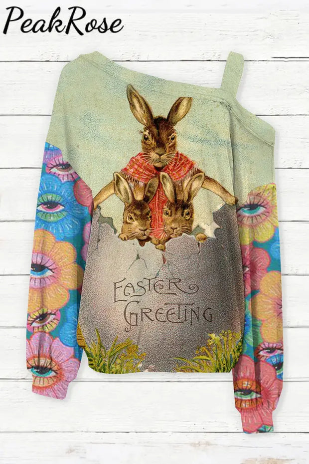 Easter Greeting The Three Rabbits Living In Egg House Off-Shoulder Blouse