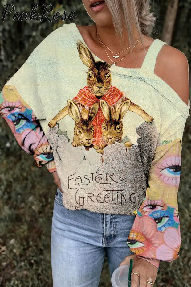 Easter Greeting The Three Rabbits Living In Egg House Off-Shoulder Blouse Green / S